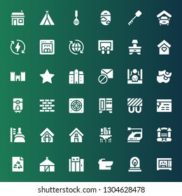 house icon set. Collection of 36 filled house icons included Microwave, Eco, Bidet, Elevator, Hut, Ecologism, Bouncy castle, Iron, Building, Address, Home, Dustpan, Website, Heating
