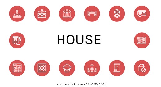 conjunto de iconos de la casa. Colección de camas, invernadero, corte, mesa de comedor, ecología, caravana, azulejos, piedra, cubo, mesa de comedor, armario, fuego, calentador de agua, iconos de la casa