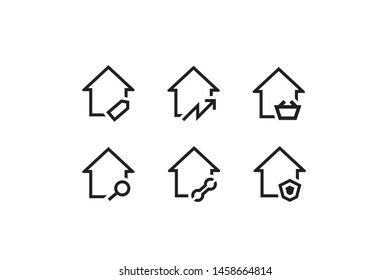 house icon set design including sell, investing, buy, find or search, repair and protect house 