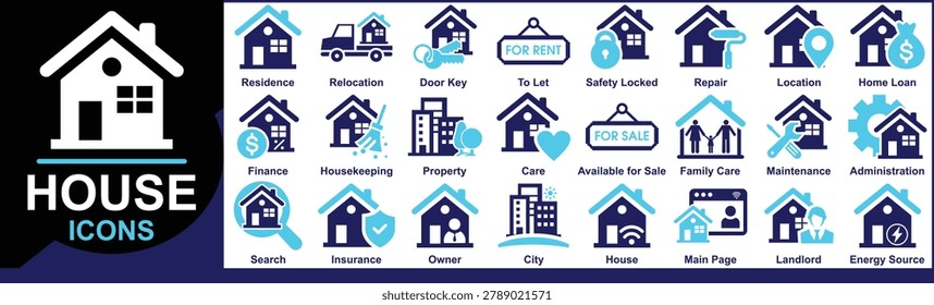 House icon set, home, property, residence, relocation, landlord, insurance, to let, home loan, finance  vector drawing symbols.