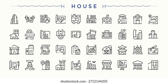 Haussymbol im linearen Stil. Konstruktionssymbolsatz. Paket von Wohn-, Seite, Bau, Haus, Geschäft, Gebäude, real und mehr. Kunst und Illustration.