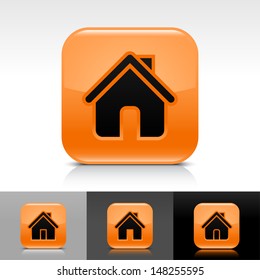 House icon set. Orange glossy web button with black sign. Rounded square shape with shadow, reflection on white, gray, black background. Vector illustration design element save in 8 eps 