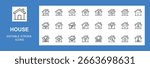 house icon set.  Real estate Linear Icons, Containing Home , property, loan,  key, buy, sell, smart home, town, landlord, insurance, location, mortgage and more. Editable Stroke, Vector illustration.