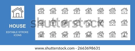 house icon set.  Real estate Linear Icons, Containing Home , property, loan,  key, buy, sell, smart home, town, landlord, insurance, location, mortgage and more. Editable Stroke, Vector illustration.
