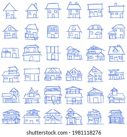 House icon set of rough line art in hand drawn style, simple, blue