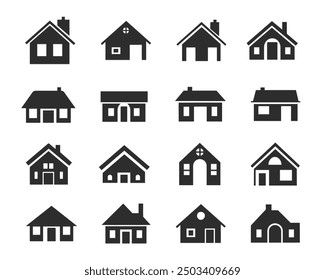 House Icon Set. House symbol. Set of real estate objects and houses black icons 