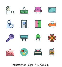 house icon set. vector set about nightstand, door, modern chair and iron icons set.