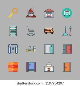 house icon set. vector set about caravan, kitchen, fireplace and window icons set.
