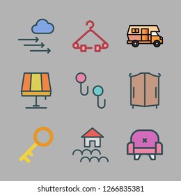 house icon set. vector set about caravan, hanger, closet and armchair icons set.
