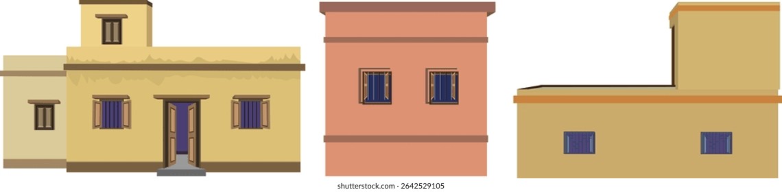 Conjunto de Ícones da Casa. Ilustração vetorial de três fachadas de casas únicas com janelas e portas abertas - projetos de casas tradicionais, urbanas e rurais para conceitos de arquitetura, construção ou imobiliário	
