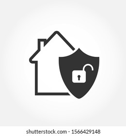 House icon, and a shield with an open lock. Flat simple design.