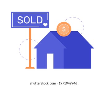 House icon and sign Sold out, coin with dollar sign. Property For Sale. Vector flat illustration.