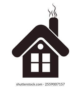 House icon, simple design, black silhouette, white background, pitched roof, chimney with smoke, four-pane window, minimalist, graphic symbol. Christmas icon