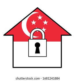 House icon with the Singapore flag and has a master key lock in the middle, following the concept of closing the country to stop the outbreak of the Covid-19 virus.