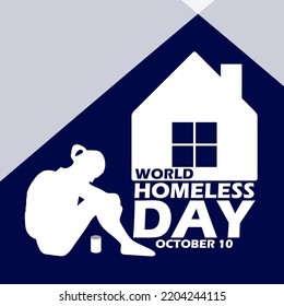 House Icon With Sitting Person In Bold Text On Dark Blue Background To Observe Homeless Day On October 10