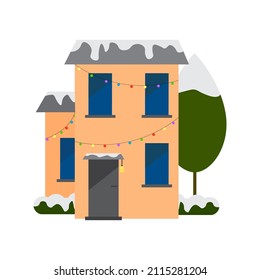 House icon. Snowy tip. Christmas home. Colored picture. Residential building. Flat art. Vector illustration. Stock image.
