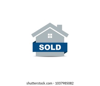 House Icon With Sold Ribbon Label Sign Vector Logo Template