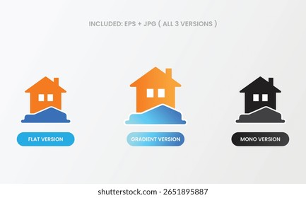 House icon with solid foundation representing stable housing, construction, or homeownership. Comes in flat, gradient, and mono styles. Perfect for real estate firms.