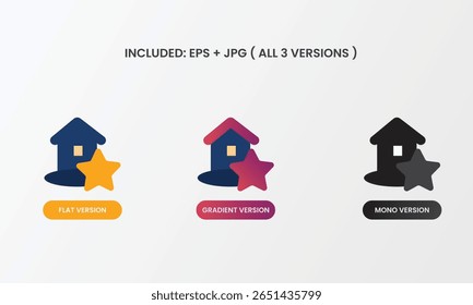 A house icon with a star symbol, indicating featured, premium, or favorite property. Comes in mono, flat, and gradient versions ideal for real estate highlights.