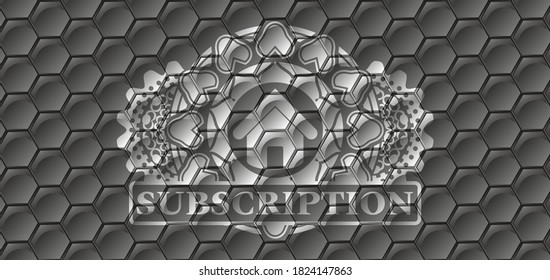house icon and Subscription text grey color shiny hexagon geometric style pattern realistic badge. Trendy background. Illustration. 
