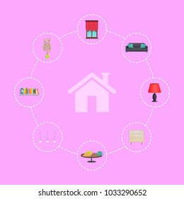 House icon surrounded with interior decor elements. Modern furniture, bright lamps, large windows and indoor plant cartoon flat vector illustrations.