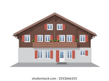 House Icon Switzerland Style, Traditional House of Switzerland, Half Wooden House Front View in colors dark brown, red orange and white. Vector illustration isolated, eps