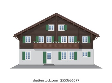 House Icon Switzerland Style, Traditional House of Switzerland, Half Wooden House Front View in colors ebony black, green and white. Vector illustration isolated, eps