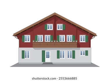 House Icon Switzerland Style, Traditional House of Switzerland, Half Wooden House Front View in colors maroon, green and white. Vector illustration isolated, eps