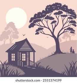 House icon with tree and moon icon design 