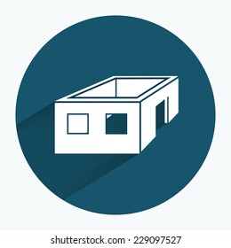 House icon. Unfinished building without roof. Ownerless incomplete symbol. Round sign with long shadow. Flat design. Vector illustration. EPS10