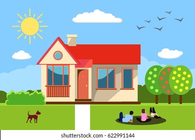 House icon. Vector illustration for happy family design. People, dog dream. Summer real estate building. Home sweet home concept. Bright colorful picture. Blue sky, tree, green lawn, sun, cloud