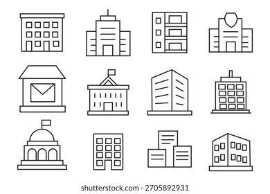 House icon vector. Set of outline buildings vector. A collection of icons of houses symbol like school, collage, hospital, bank, hotel. Vector illustration.