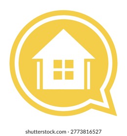 A house icon within a speech bubble on a white background, symbolizing real estate or property discussion.