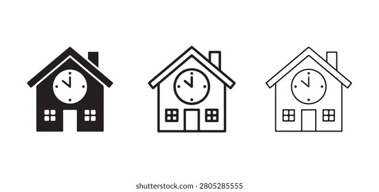 house icons with clocks on the front isolated on white background