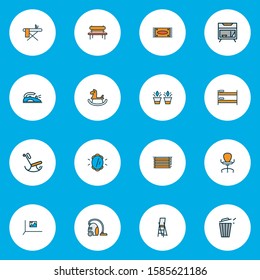 House icons colored line set with wall mirror, bedside table, carpet and other image elements. Isolated vector illustration house icons.