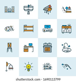 House icons colored line set with wall lamp, sideboard, desk and other ceiling elements. Isolated vector illustration house icons.