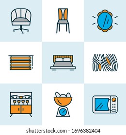 Iconos de la casa colorido juego de líneas con espejo de pared, asiento, cama doble y otros elementos de diseño. Iconos aislados de la casa de ilustraciones vectoriales.