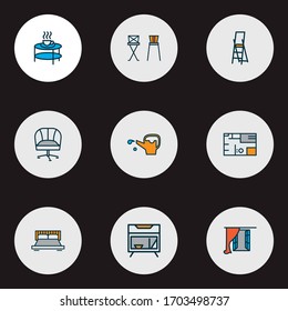 House icons colored line set with watering can, bedside table, armchair and other casement elements. Isolated vector illustration house icons.