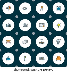 House icons colored line set with modern house, floor lamp, pillow and other park elements. Isolated vector illustration house icons.