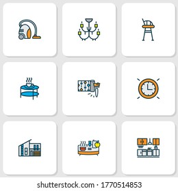 Iconos de la casa conjunto de líneas de color con reloj de pared, silla alta, papel pintado y otros elementos de la propiedad inmobiliaria. Iconos aislados de la casa de ilustraciones vectoriales.