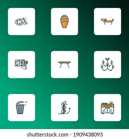 House icons colored line set with sideboard, dining table, trash bin and other pottery elements. Isolated vector illustration house icons.