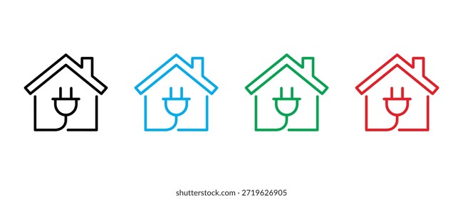 Iconos de la casa con el Vector del conjunto del icono del enchufe eléctrico en el fondo blanco. energía, poder, residencial, símbolo de la arquitectura. Ilustración vectorial.