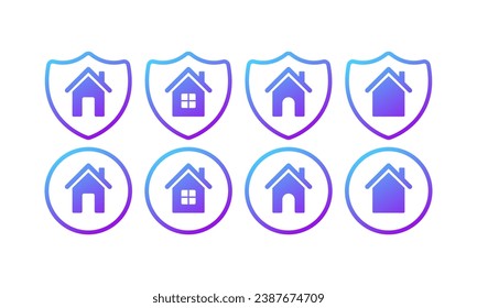 House icons. Flat, purple, house inside a shield, house icons. Vector icons