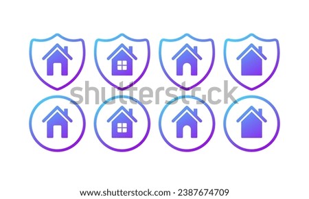 House icons. Flat, purple, house inside a shield, house icons. Vector icons
