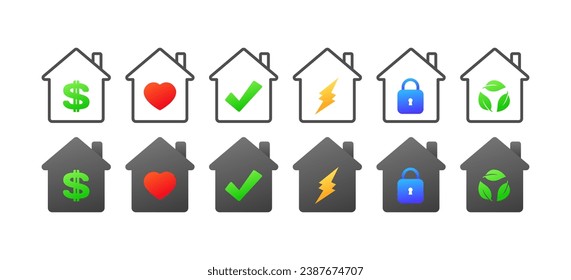 House icons with indicators. Flat, color, house with dollar, heart, check mark, zipper, lock, bio recycling, houses with indicators. Vector icons