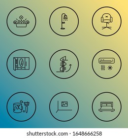 House icons line style set with circular staircase, air condition, window plant and other bedroom elements. Isolated vector illustration house icons.