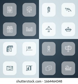 House icons line style set with cuckoo clock, sound system, crib and other ergonomic chair elements. Isolated vector illustration house icons.