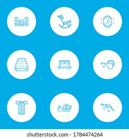 House icons line style set with double bed, mattress, wall mirror and other wicker furniture elements. Isolated vector illustration house icons.