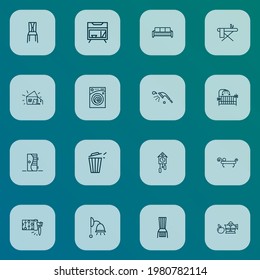 House icons line style set with wallpaper, cuckoo clock, washing machine and other house elements. Isolated vector illustration house icons.