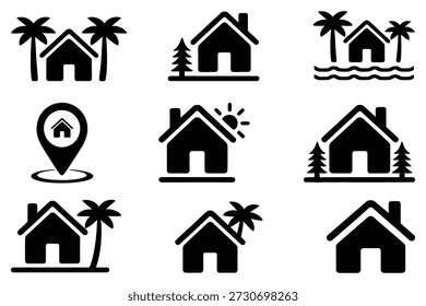 Ícones de casa com elementos de natureza e localização home